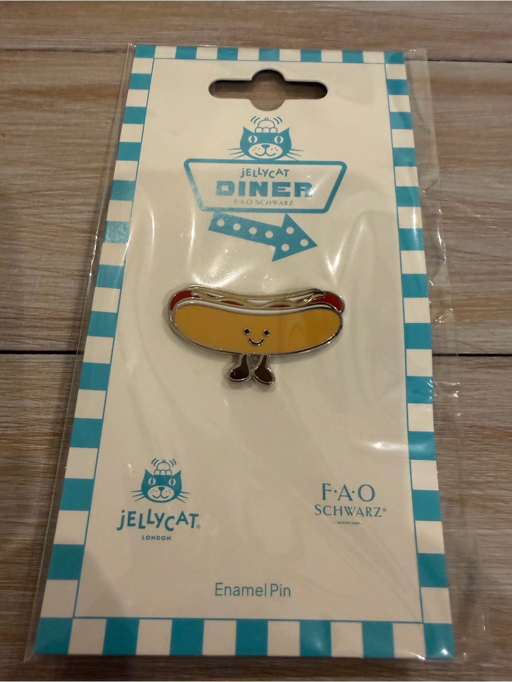 NWT Jellycat FAO Schwarz Hot Dog Enamel Pin Teal Display Backing Card